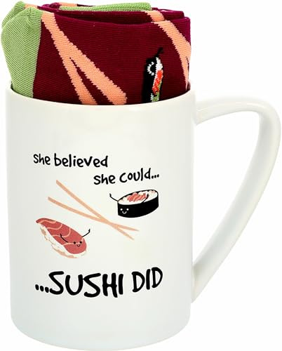 Pavilion Gift Company - She Believed She Could Sushi Did - Purple & Green Novelty Crew Socks & 18 Oz Mug Long Distance Relationship Gift Girlfriend Wife Present