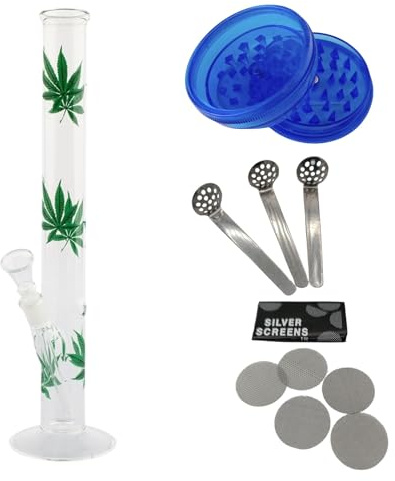 raupir Set Glasbong Höhe 35cm Mundstück abgerundet ø 35mm Bong Glaskopf Chillum 14,5mm Siebe Acrylgrinder