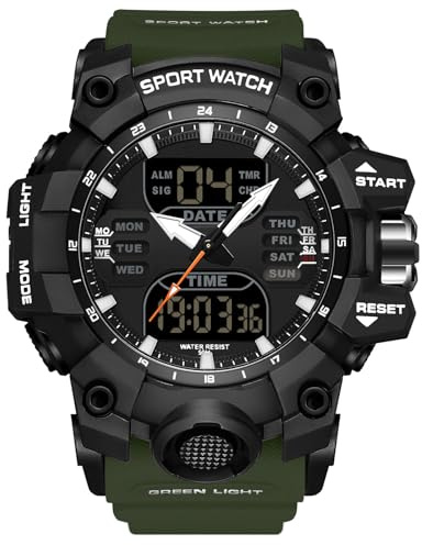 RORIOS Orologio Militare da Uomo Sportivo Multifunzione - Display Digitale e Quarzo Doppio, 5ATM