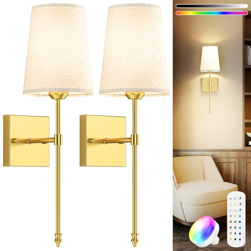 MOITA Battery Operated Wall Lights Set of 2, Rechargeable Wall Sconces, Gold Wall Lamp with Remote 3 Color Temperature Dimmable Battery Powered Non Hardwired Wall Light for Bedroom Living Room