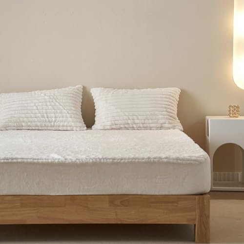 Generisch Plüschbettwäsche Cashmere Touch Spannbettlaken 200x220 + 30cm Flauschiges Fleece Winter-Spannbettlaken Cashmere Touch Flanellbettlaken für Boxspringbett-Topper-Matratze weiß