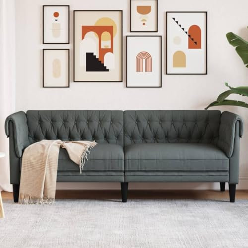 LAPOOH Chesterfield 3-sits soffa mörkgrått tyg, vardagsrumssoffor, relaxsoffa - 372557