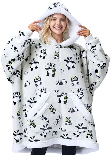 Giggling Getup Felpa con Coperta Indossabile per Donne e Uomini - Felpa con Coperta Oversize in Flanella e Sherpa Fleece, con Tasca e Maniche, Coperta, Regali di Compleanno per Adulti, Panda