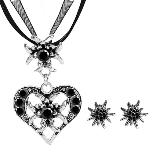 JENCVNL 3 Stück Trachtenschmuck Damen, Oktoberfest Bayerisch Dirndlschmuck Trachtenkette mit Strass Edelweiß Herz Anhänger Ohrstecker für Damen für Bierfest Trachten Dirndl Accessoires