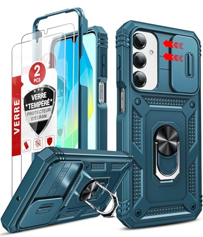 LeYi Cover per Samsung Galaxy A16 5G/4G con Vetro Temperato [2 Pack](Blu) | Custodia per Samsung A 16 con Protezione Fotocamera [Slidable] Antiurto Grado Militare Anello Supporto TPU Bumper Custodie