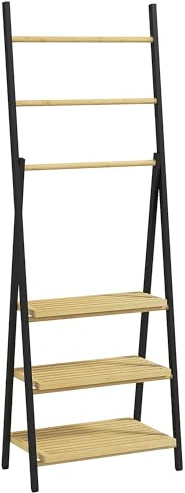HOMCOM Portasciugamani da Terra Pieghevole con 3 Barre e 3 Ripiani, Porta Asciugamani in Bambù e Acciaio, 53x31x153 cm, Nero e color Legno