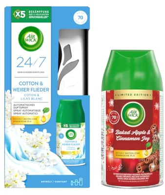 Air Wick Freshmatic Max Starter-Set, Baumwollblüte & Weißer Flieder 250 ml + Nachfüller Gebackener Apfel & Zimt 250 ml