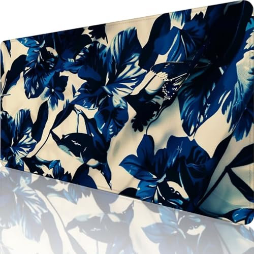 Blau Mauspad XXL 800 x 300, Erweiterte Groß Mousepad Blume, Wasserfest Schreibtischunterlage Vernähte Kanten Design, Mouse Pad mit rutschfeste Gummibasis für Pc Büro Deko, Geschenke für Frauen 2-8