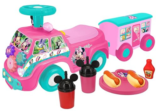 Kiddieland Minnie Mouse Lights & Sounds Camper Rutscher mit Anhänger | Interaktives Fuß-zu-Boden-Kleinkindspielzeug für Kinder von 12-36 Monaten Mit Stauraum und Campingzubehör