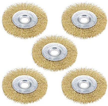 SANTUO 5Pcs 100mm Wire Brush for Ryobi Patio Cleaner Wire Brush, Crimped Steel Brass, 5/8-Inch Arbor Hole, for Cleaning Rust Removal Polishing Deburring Paint Removal（100*16*13mm）