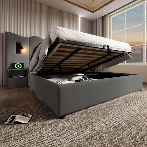 Moimhear Polsterbett Doppelbett 180×200cm mit Leselampe und USB Type-C Ladefunktion, Stauraumbett Bettgestell mit Lattenrost aus Massivholz und Metall, Leinen (grau, 180x200cm)