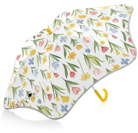 linqin Kinder-Regenschirm, Frühlingsblumen, weiß, winddicht, wasserdicht, mit reflektierendem Streifen, winddicht, Reiseschirm, knicksicher, für Mädchen und Jungen