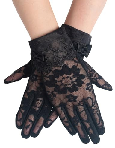 GHGMAO Women's Lace Floral Opera Tea Party Gloves Elegant Floral Bridal Wedding Prom Short Black Gloves Costume Accessories