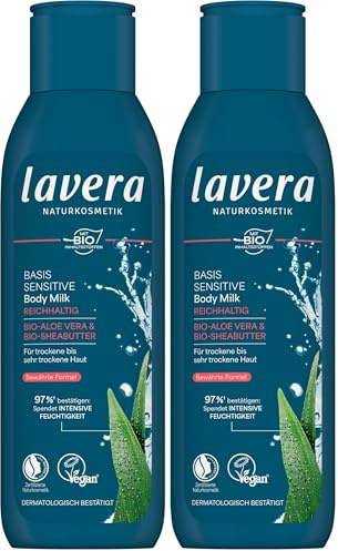 lavera basis sensitiv Body Milk Reichhaltig – Naturkosmetik – vegan - Bio-Aloe Vera & Bio-Sheabutter – 24 h intensive Feuchtigkeitspflege - PETA zertifiziert - Biologisch abbaubar - Bodymilk - 250 ml