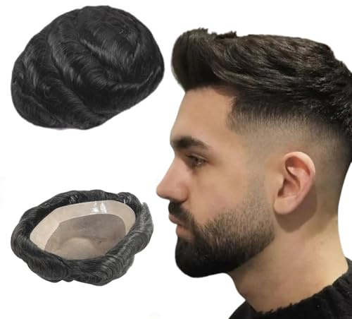 NLW Echthaar Toupet für Männer Feines Mono Zentrum mit Poly um 25mm haarteil männer echthaar locken haarteil für männer haarsystem mann (#1B-8 * 6)