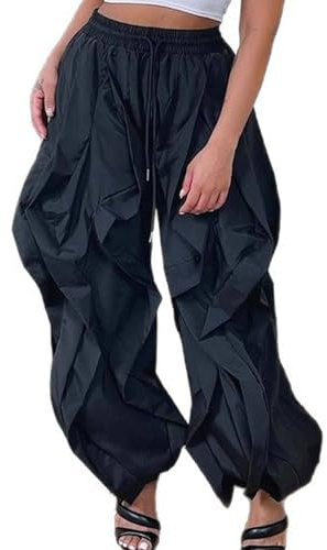 YAWJET Women Casual Baggy Cargo Pants Trendy High Waisted Ruffle Patchwork Long Trousers with Drawstring