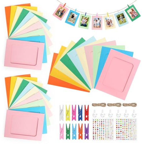 Juego de 30 marcos de fotos de papel de colores, 11,3 x 15,4 cm, marco de fotos con pinzas de madera, cuerda de cáñamo, pegatinas de diamante, guirnalda de fotos creativas para decoración de pared