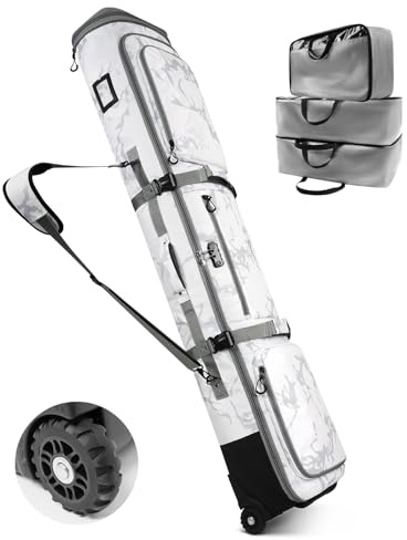 AUROTIER 10mm Padded Skis Snowboard Bag with Wheels and TSA Combination Lock for Air Travel, 3 TPU Zippered Bags, Flexible Storage for Snowboards, Helmets, Snow Jackets & Boots, Waterproof, White Camo