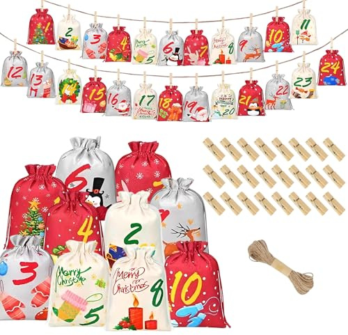 Calendario de Adviento para rellenar, 24 unidades de calendario de adviento para rellenar uno mismo, sacos para calendario de adviento, calendario de Navidad 2025, bolsas de yute, decoración de