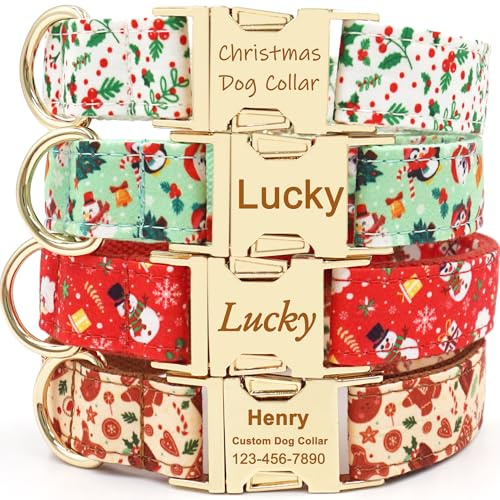 Personalisiertes Hundehalsband mit Namen und Telefonnummer, Graviertes Namensschild & Metallschnalle, Welpenhalsband mit Leine, Hund Halsband für Kleine Mittel Große Hunde (Christmas-Series)
