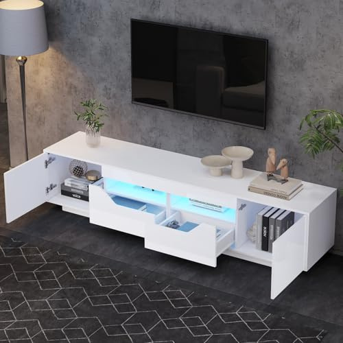 EURHCIO Meuble TV Blanc sur Pied 180x40x45cm,Meuble Tele Brillant avec éclairage LED Réglable,2 Tiroirs,2 Armoires,pour Téléviseurs D'environ 75 Pouces (E)