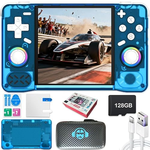 Nouvelle console de jeu portable XF40H, mémoire interne de 128 Go avec 22 000 jeux, batterie de 4000 mAh, système Linux, écran IPS de 4 pouces et sac de rangement (bleu, 128 G)