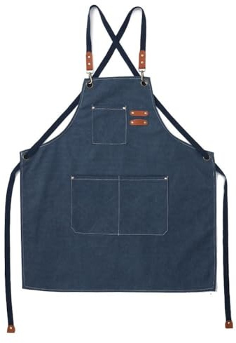 FUANA Strapazierfähige, verstellbare Arbeitsschürze aus Baumwoll-Leinen, mit Kreuzrücken-Design und mehreren Taschen, für Damen und Herren, Rosa / Blau