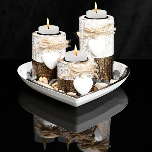 Decorative Wooden Tray with 3Pcs Tealight Holders, Heart Candle Tray and Tea Light Candle Holders, Small Farmhouse Table Centerpiece Rustic White Wood Tealight Holder Plates for Home Decor