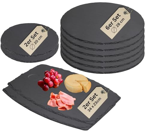 Schieferplatten Set 1 (2er 34x23cm, 6er 28cm, 2er 20cm) verschiedene Servierplatten aus Schiefer für Käseplatte Tapasplatte Deko & HLKauf-Block