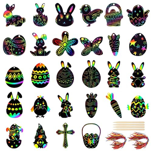 PYSEOSISE Scratch Art Pasqua, 56 Pezzi Carta da Grattare con Nastri, Scratch Art Arcobaleno Uova da Grattare per Decorazioni e attività