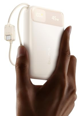 Baseus FC11 Powerbank 45W 20000mAh Tragbares Ladegerät mit Dual Integriertem Kabel, CCC Kleine Powerbank mit Smart Display, Einziehbares Kabel, Akkupack für iPhone 17/16, iPad, Laptop, Samsung, Pixel