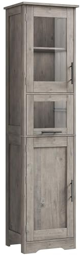 GarveeMore Armario Baño Alto Estrecho, Mueble de Baño con Puertas y Estante Ajustable, para Baño, Lavandería y Espacios Pequeños, Gris, 40×31×170 cm