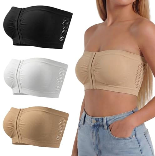 Adigau Strapless Front Fastening Bralette Unpadded Breathable Air Hole Design Bandeau Bra Wirefree Lightweight Cinched Slim Fit Tube Top for Daily Work 3 Pieces