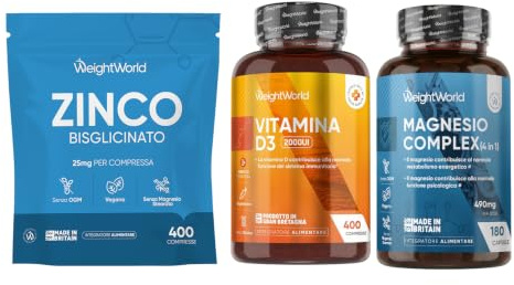 Vitamin D3 2000UI, Zinco Bisgliciniato e Magnesio Completo Bundle, 400 + 400 Compresse + 180 Capsule, D3 Vitamina Colecalciferolo, Zinco Integratore, Magnesio Bisglicinato, Citrato, Taurato Senza OGM