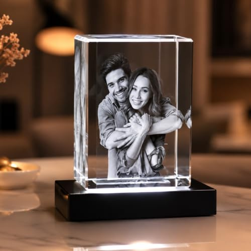 contento | XXXL 3D Glasfoto personalisiert 20 x 15 x 10 cm mit Leuchtsockel - Extra großer Glasblock ca. 8 kg, USB-C, Premium -Sockel - Fotogeschenk für Hochzeit, Familie & Gruppenfoto