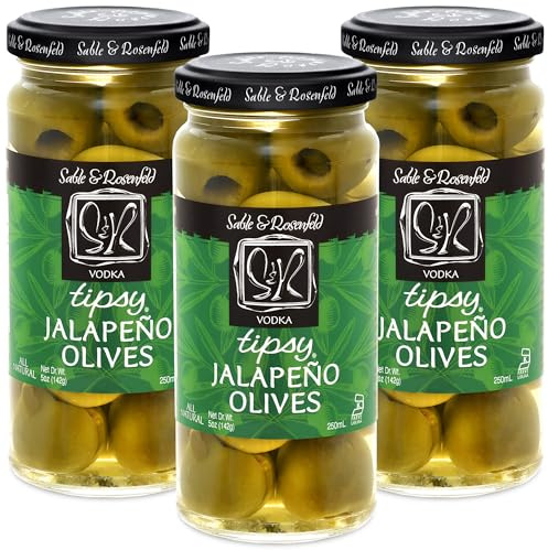 Sable & Rosenfeld Vodka Kicked Jalapeno Tipsy Olives, 5-Ounce Glass Jars (Pack of 3)