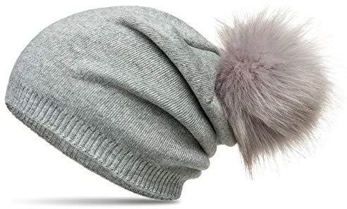 Caspar MU205 Gefütterte Damen Feinstrick Long Beanie Mütze mit tierschutzgerechtem Kunstfell Bommel