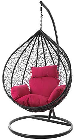 Kideo® Komplettset: XXL Hängesessel mit Gestell & Kissen, Lounge Möbel, Poly-Rattan, schwarz, edel, groß (Kissen: Nest pink (3333 hot pink))