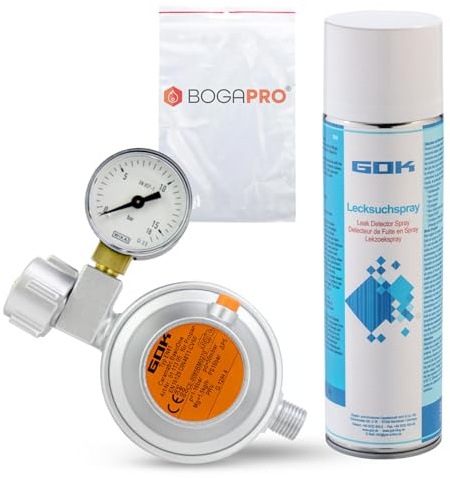 BOGAPRO Gasdruckregler mit Manometer, Niederdruckregler 50 mbar 1,5 kg/h, Caravanregler mit 1/4 Linksgewinde, inkl. Lecksuchspray und Polybeutel