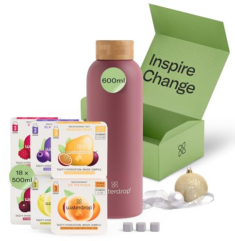 Waterdrop® Starter Set Steel - 600 ml Stainless Steel Bottle + 18 Water Flavouring Hydration Cubes, Vitamin Infused, Sugar Free Microdrink