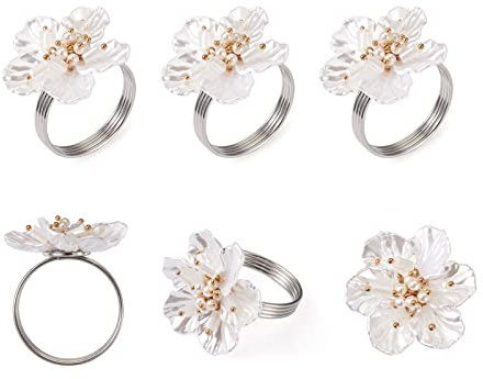 PandaHall 6 Stück weiße Blumen Serviettenringe mit Perlen Perlen Platin Floral Metall Serviettenringe Halter für Hochzeit Bankett Dinner Party Dekoration