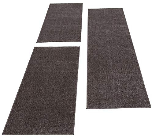 Carpettex Bettumrandung Schlafzimmer 3teilig Kurzflor Teppich Einfarbig Design Mocca Bettset:2 mal 60x100 + 1 mal 80x150 - Bettvorleger Schlafzimmer Läufer Set Weicher Bettumrandung Teppich