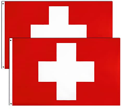 2 Stück Schweiz Flagge,90×150 cm Schweizerische Fahne mit Messingösen Wetterfest Farbecht Switzerland Flag für Fußball WM 2022 Deko Draußen/Drinnen
