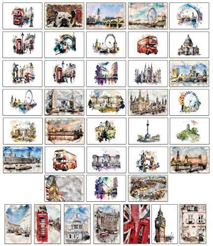 40 postales de Londres en acuarelas, 40 diseños diferentes inspirados en Londres impresos en tarjeta gruesa brillante