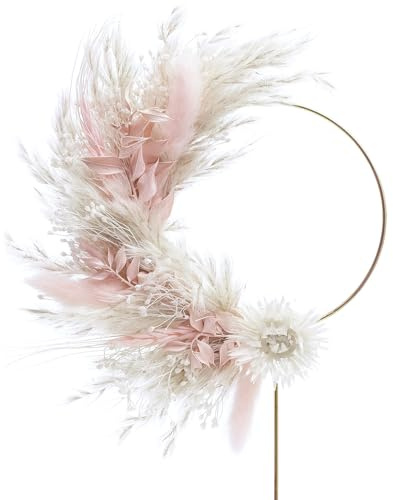 The Baked Studio Boho-Tortenaufsatz mit getrockneten Blumen, Pampasblumen, für Kuchendekoration, Geburtstag, Babyparty, Taufe und Hochzeit (Rosa und Weiß)