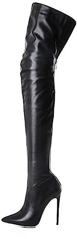 CRETUAO Damkängor med hög klack över knäet, Sexig spetsad tå Stiletto Baksida Dragkedja Lång känga, Mode Personlighet Stretch Plus Size Lår högklackat boot,Black,38 EU