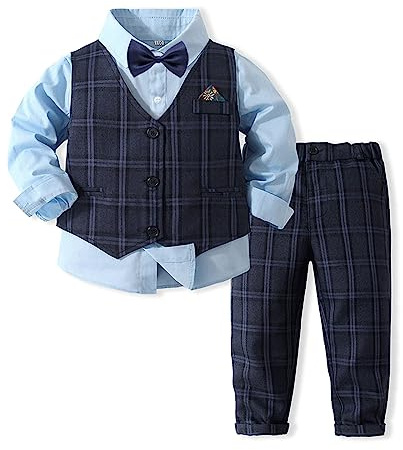 Volunboy Baby pojkar gentleman kostym, småbarn formell väst outfit bröllop skjortor + väst + fluga 4 st set, BLÅ, 3-4 Years