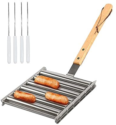 Griglia girevole per salsiccia, in acciaio inox, con manico lungo in legno e 4 spiedini per barbecue da esterno, 5 capacità hot dog, piccola