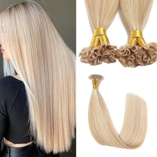 Sindra Keratin Echthaar Extensions Karamellblond bis Blonde Extensions Echthaar Bondings 35cm U Tip Extensions Echthaar 40g 50 Stränge Haarverlängerung Echthaar U27P613-14 Zoll