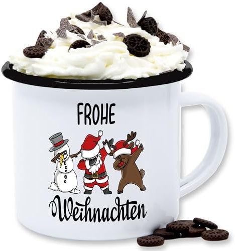 Emaille Tasse Blechtasse - Weihnachtstasse - Dabbing Frohe Weihnachten I Schneemann I Weihnachtsmann I Elch I Rentier I Weihnachtsmotiv - 300 ml - Weiß Schwarz - weihnachtstassen christmas xmas
